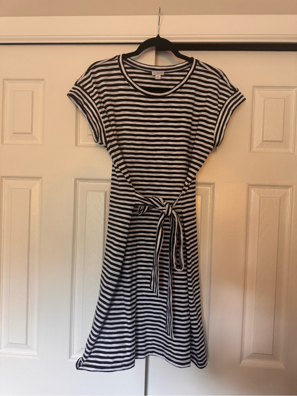 J. Crew Black and White Striped Tie-Waist Midi Dress